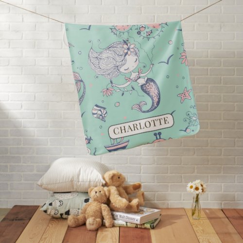 Girls Mermaid And Sea Creatures Personalized Baby Blanket