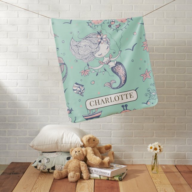 Girl's Mermaid And Sea Creatures Personalized Baby Blanket (In Situ)
