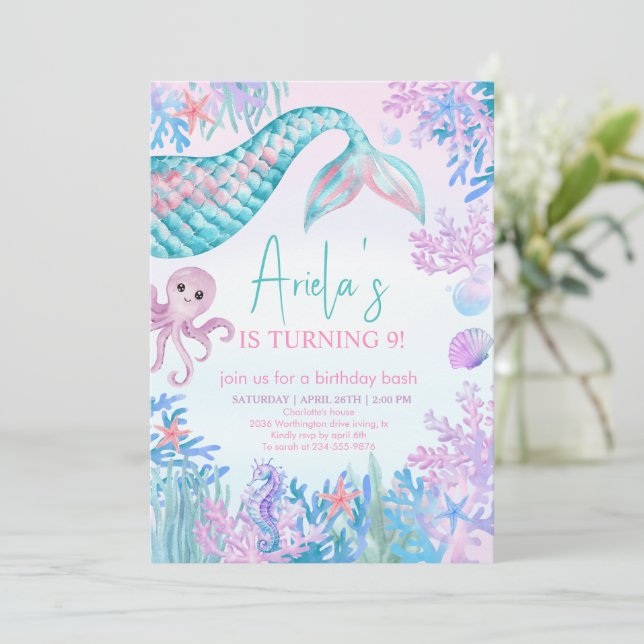 Girls Mermaid Bash Under the Sea 1st Birthday Invitation (Standing Front)