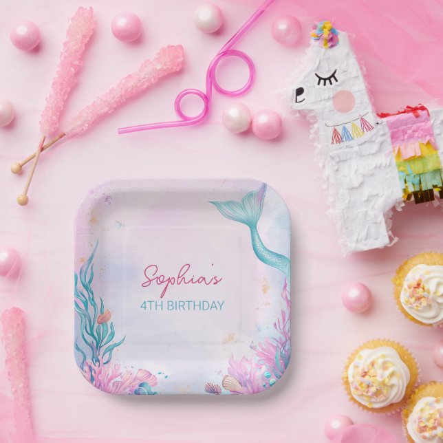 Girls Mermaid Birthday Party Watercolour Paper Plates (Party)