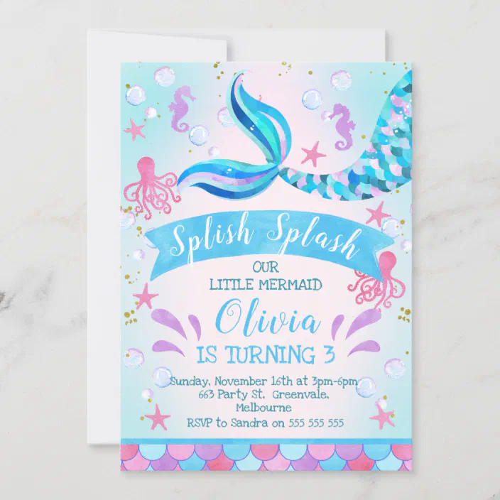 Customized Printable DIGITAL FILE Under the Sea Any Age Mermaid Birthday Bash Invitation Splish Splash Purple Teal Silver 5x7