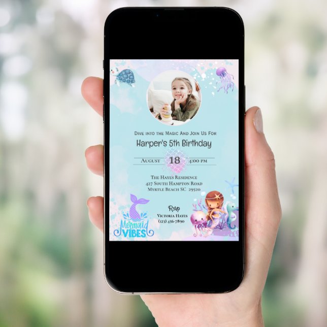 Girls Mermaid Photo Under the Sea 5th Birthday    Invitation (Front Digital)