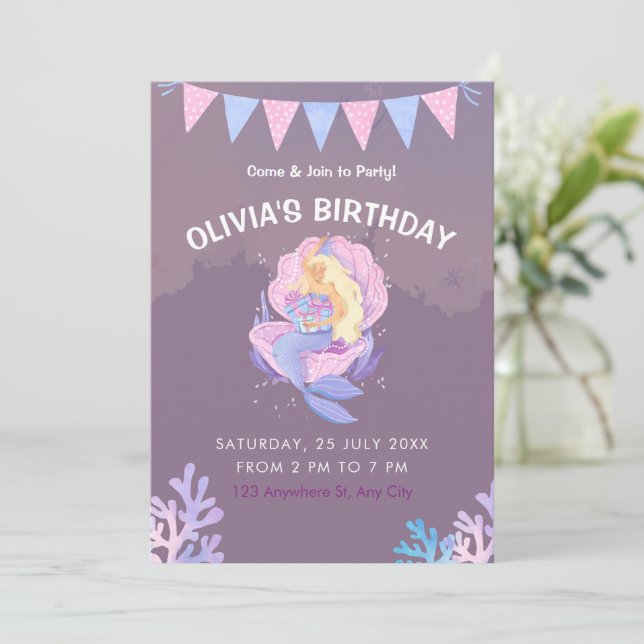 Girls Mermaid Under The Sea Birthday, Girls Party Invitation (Standing Front)