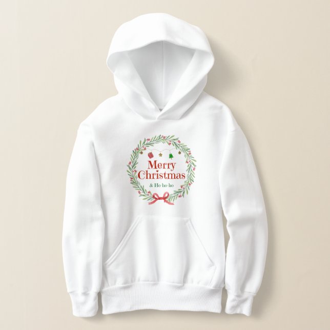 Girls Merry Christmas Hoodie with Pine Branches (Laydown)