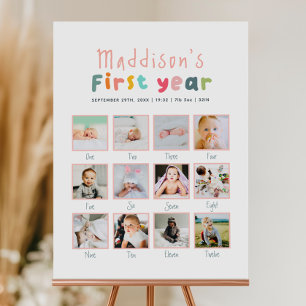 Girls Minimalist First Year Birthday Photo Collage Poster