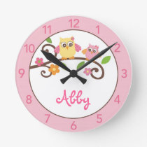 Girls Mod Owl Personalized Nursery Wall Clock