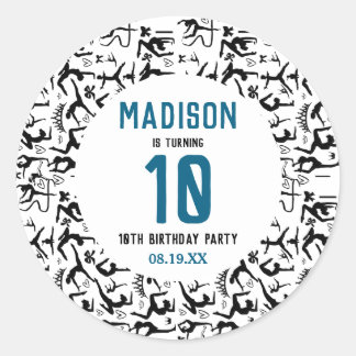 Girls Modern Black Gymnastics Kids 10th Birthday Classic Round Sticker