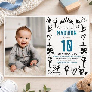 Girls Modern Black Gymnastics Kids 10th Birthday Invitation