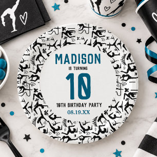 Girls Modern Black Gymnastics Kids 10th Birthday Paper Plates