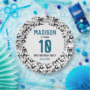 Girls Modern Black Gymnastics Kids 10th Birthday Paper Plates