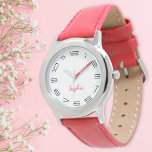 Girls Modern Chic Trendy Cool Red Custom Name Kids Watch<br><div class="desc">Custom, personalized, kids girls fun cool stylish modern trendy chic red leather strap, stainless steel case, wrist watch. Simply type in the name. Go ahead create a wonderful, custom watch for the lil princess in your life - daughter, sister, niece, grandaughter, goddaughter, stepdaughter. Makes a great custom gift for birthday,...</div>