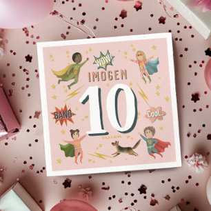 Girls Modern Comic Pink Superhero Kids Birthday Napkins