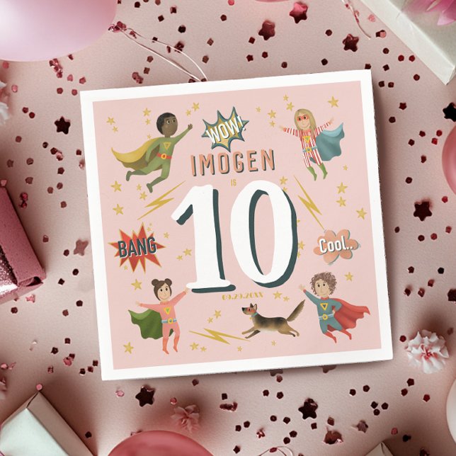 Girls Modern Comic Pink Superhero Kids Birthday Napkins (Creator Uploaded)
