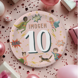 Girls Modern Cool Pink Superhero Kids Birthday Paper Plates
