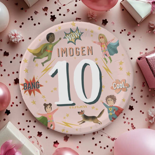 Girls Modern Cool Pink Superhero Kids Birthday Paper Plates (Creator Uploaded)