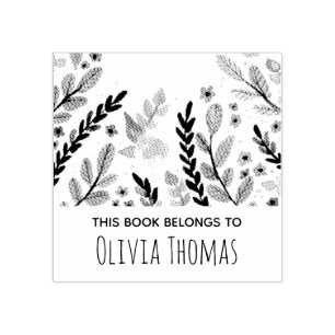 Girls Modern Floral Flowers and Name Bookplate Rubber Stamp
