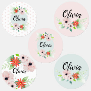 Girls Modern Floral Watercolor Flowers and Name Kids' Labels