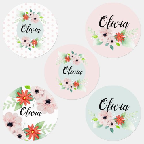 Girls Modern Floral Watercolor Flowers and Name Kids Labels