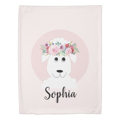 Girls Modern Floral Watercolor Sheep and Name Duvet Cover
