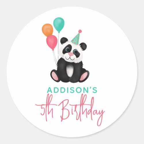Girls Modern Party Panda Bear 5th Birthday Classic Round Sticker
