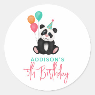 Girls Modern Party Panda Bear 5th Birthday Classic Round Sticker