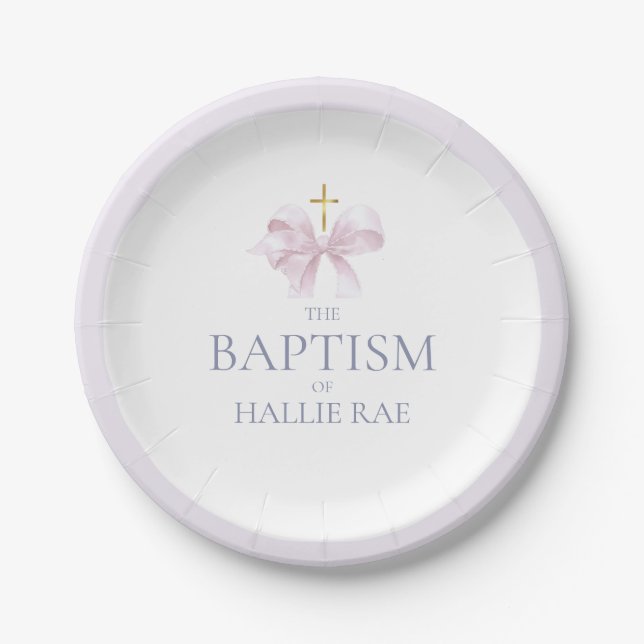 Girls Modern Pink Bow Baptism  Paper Plates (Front)