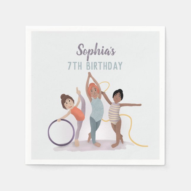 Girls Modern Purple Gymnastics Kids Birthday Napkins (Front)