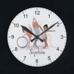 Girls Modern Purple Gymnastics Kids Round Clock<br><div class="desc">This cute and modern sports-themed kids clock features a purple gymnastics design. The clock can be personalized with your girls name,  the perfect gift for any gymnast. Perfect for a kids room!</div>