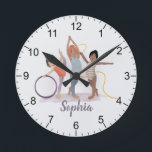 Girls Modern Purple Gymnastics Kids Round Clock<br><div class="desc">This cute and modern sports-themed kids clock features a purple gymnastics design. The clock can be personalized with your girls name,  the perfect gift for any gymnast. Perfect for a kids room!</div>
