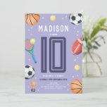 Girls Modern Purple Sports Kids Birthday Invitation<br><div class="desc">This cute and modern sports-themed kids birthday invitation design features a purple sports cartoon design, with a basketball, football, soccer ball, tennis racket, trophy, and stars. The invite can be personalized with your girls name and other details necessary for your party. The perfect sports-themed addition to your child's birthday party!...</div>