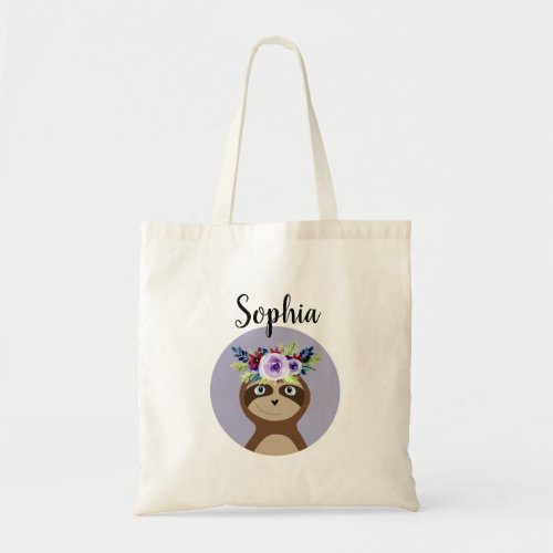 Girls Modern Sloth Watercolor Flowers and Name Tote Bag