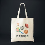 Girls Modern Tennis and Sports Kids School Tote Bag<br><div class="desc">This cute and modern kids tote bag features a simple tennis racket,  tennis ball,  soccer ball,  basket ball,  and American football. The tote can be personalized with your girl's name,  the perfect gift for any sports lover,  and great for back-to-school!</div>