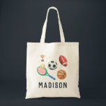 Girls Modern Tennis and Sports Kids School Tote Bag<br><div class="desc">This cute and modern kids tote bag features a simple tennis racket,  tennis ball,  soccer ball,  basket ball,  and American football. The tote can be personalized with your girl's name,  the perfect gift for any sports lover,  and great for back-to-school!</div>