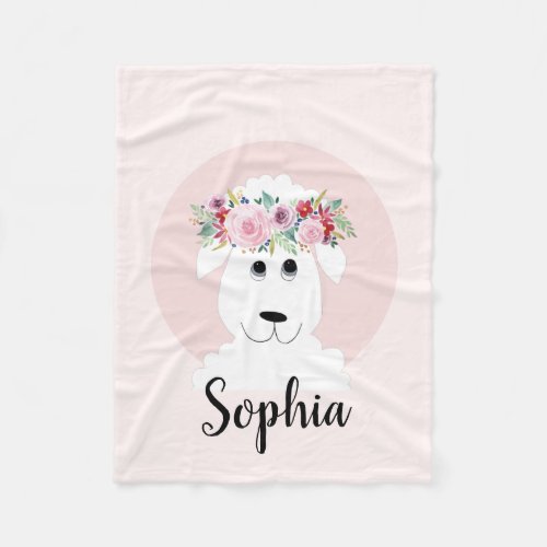 Girls Modern Watercolor Floral Sheep and Name Fleece Blanket