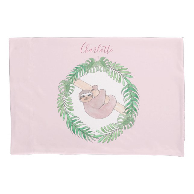 Girl's Modern Watercolor Sloth Personalized Pink Pillow Case (Front)