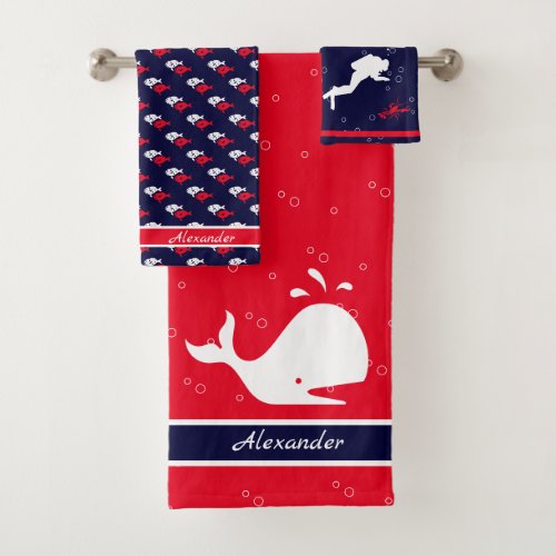 Girls Monogram Name Cartoon Whale Red Navy Blue Bath Towel Set