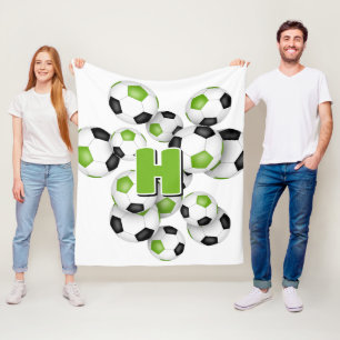 girls monogram on bright green black soccer balls fleece blanket