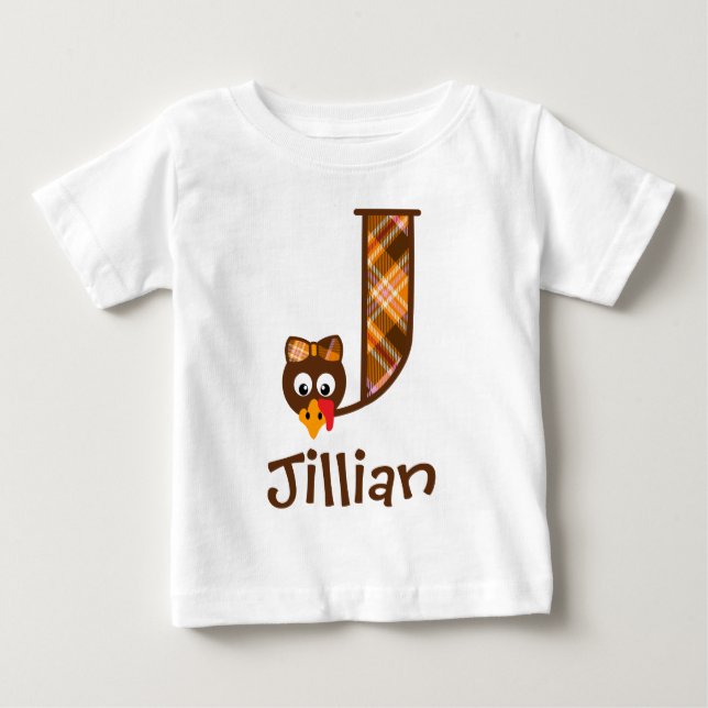 Girls Monogram Turkey Top Thanksgiving Letter J (Front)