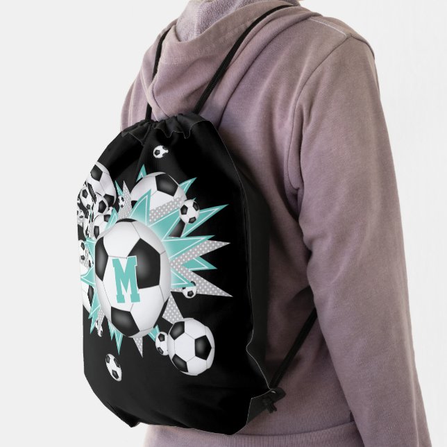 Girls monogrammed light teal soccer ball blowout drawstring bag (Insitu)
