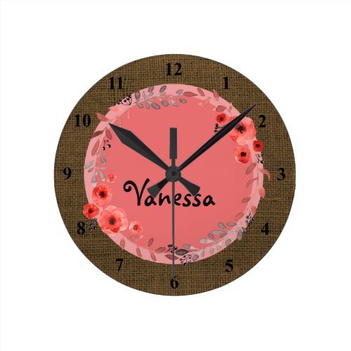 Girls Monogrammed Name | Burlap Brown Pink Floral Round Clock