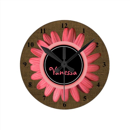 Girls Monogrammed Name | Rustic Burlap Pink Daisy Round Clock