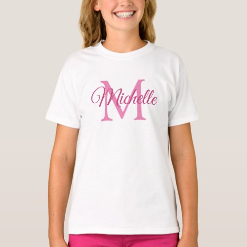 Girls Monogrammed Name White And Pink Template T_Shirt