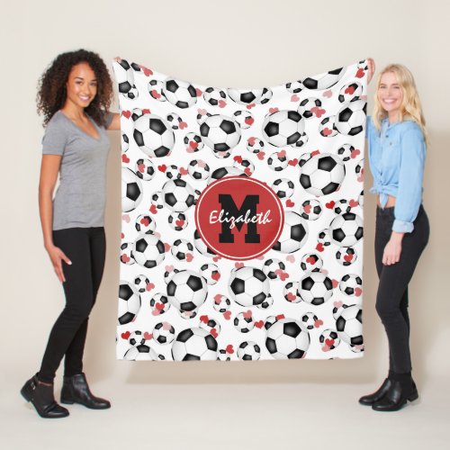 girls monogrammed soccer balls and hearts pattern fleece blanket