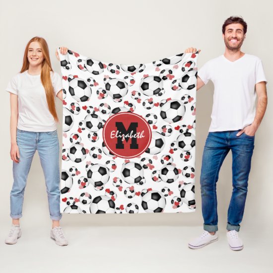 girls monogrammed soccer balls and hearts pattern fleece blanket
