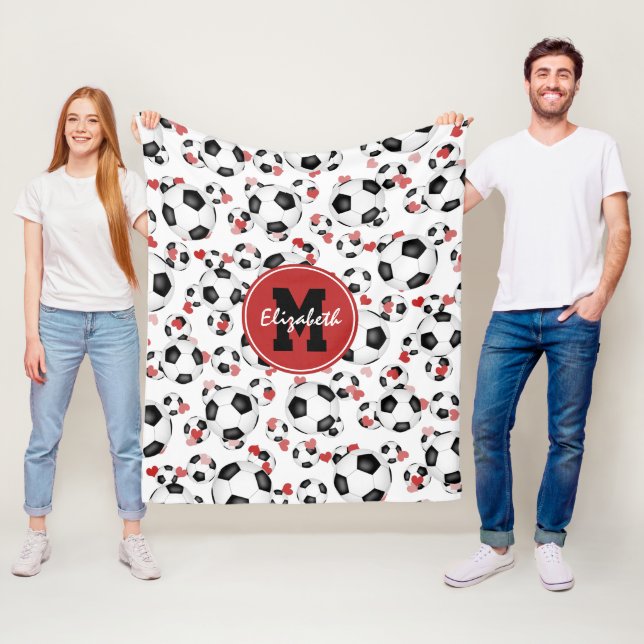 girls monogrammed soccer balls and hearts pattern fleece blanket (In Situ)