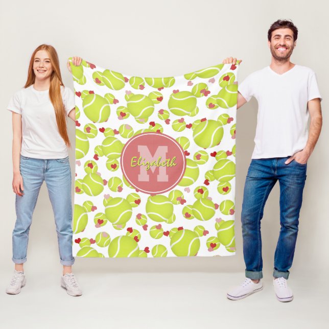 girls monogrammed tennis balls hearts pattern fleece blanket (In Situ)