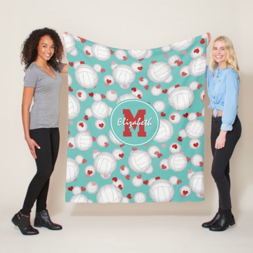 girls monogrammed volleyballs and hearts pattern fleece blanket