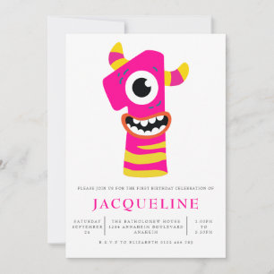 Girls Monster 1st Birthday Party Invitation