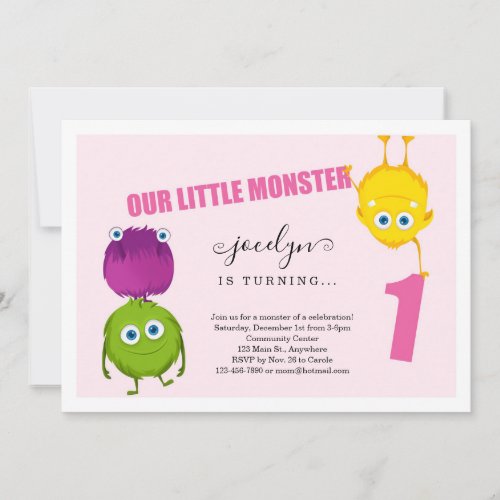 Girls Monster First 1st Birthday Party Invitation