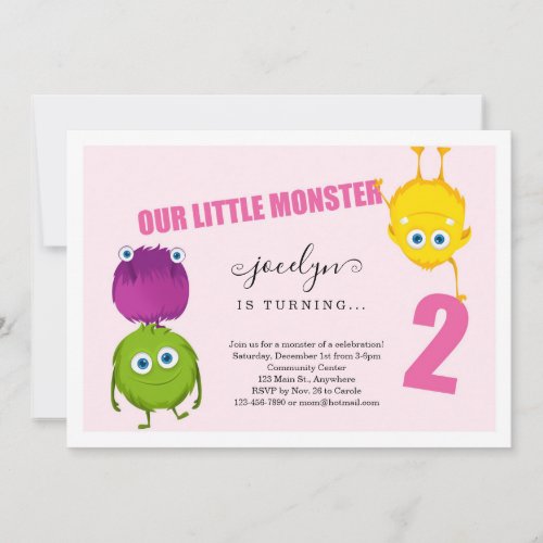 Girls Monster First 2nd Birthday Party Invitation